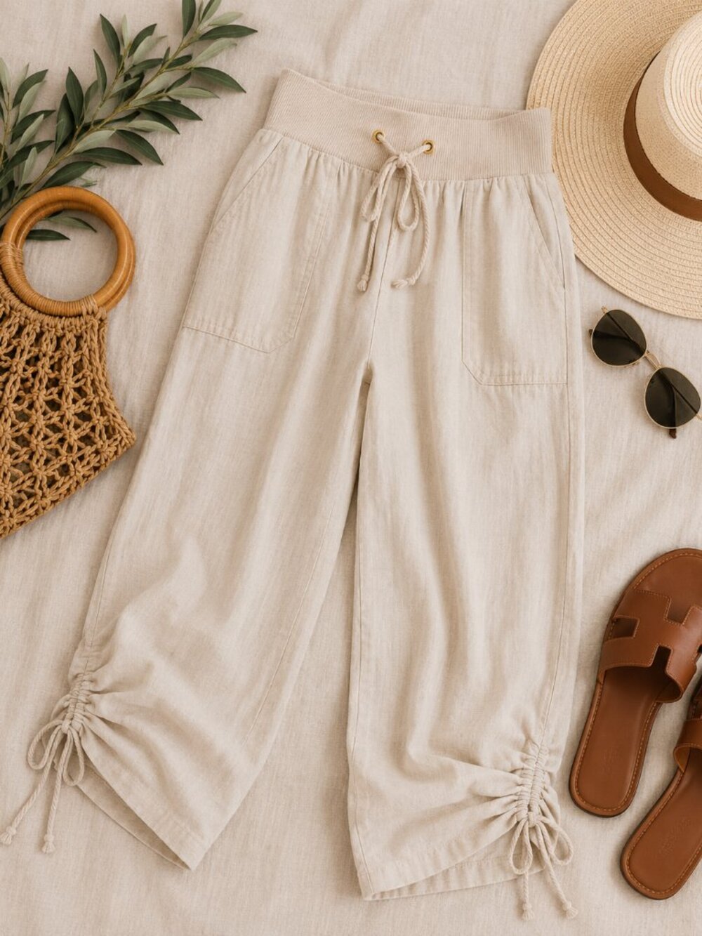 GUESS Linen Ruched Hem Crop Pants Beige XL